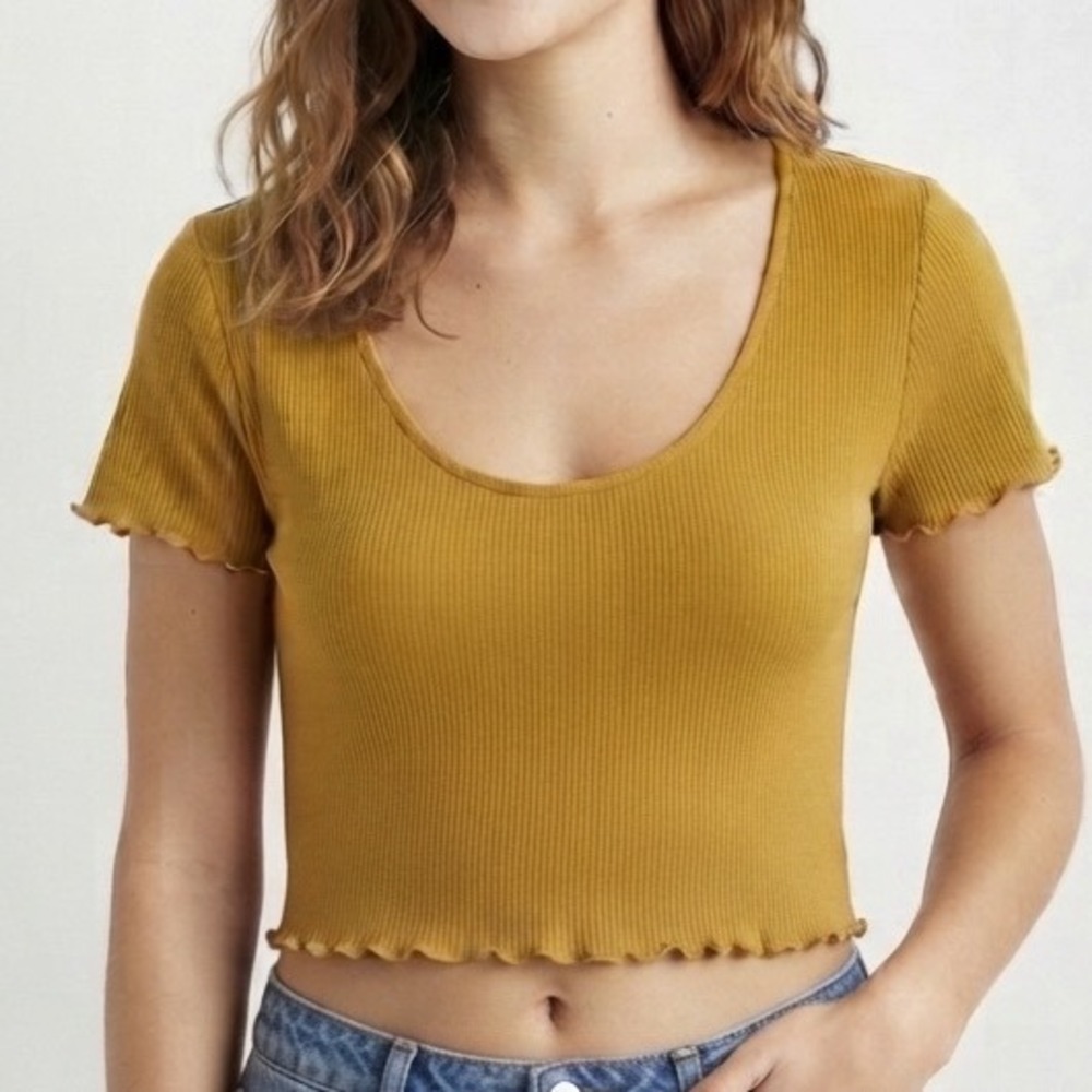 PS Basics by PacSun Mustard Yellow Ribbed Lettuce Edge Scoop Neck Crop Top M